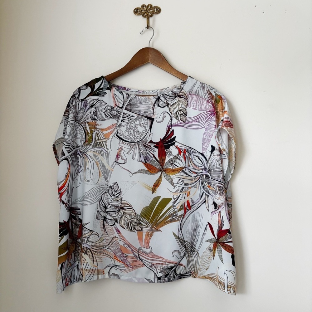 Bryn Walker Botanical Print Dolman Sleeve Top XS Summer Art To Wear